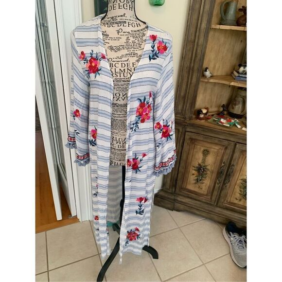 Altar'd State Blue Striped Embroidered Floral Boho Kimono Duster Cardigan - Picture 1 of 12